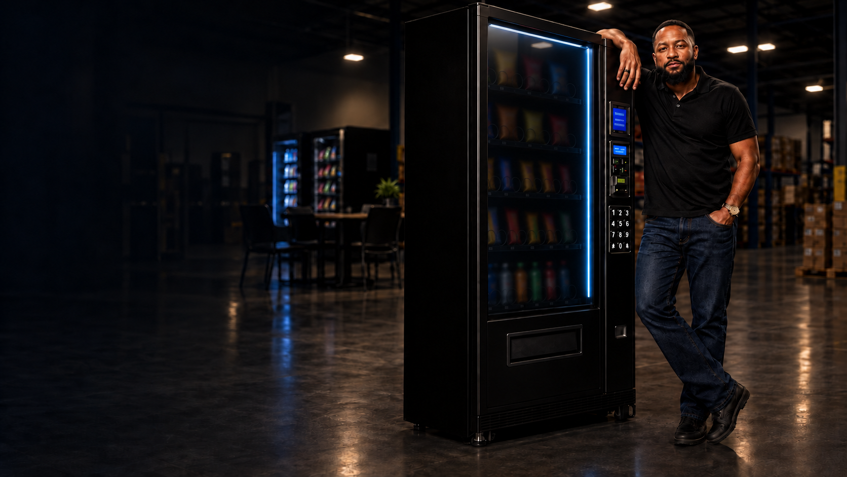 Todd Blackwell leaning on a snack vending machine